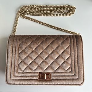 Light Brown Quilted Velvet Clutch Purse w/ Crossbody Chain